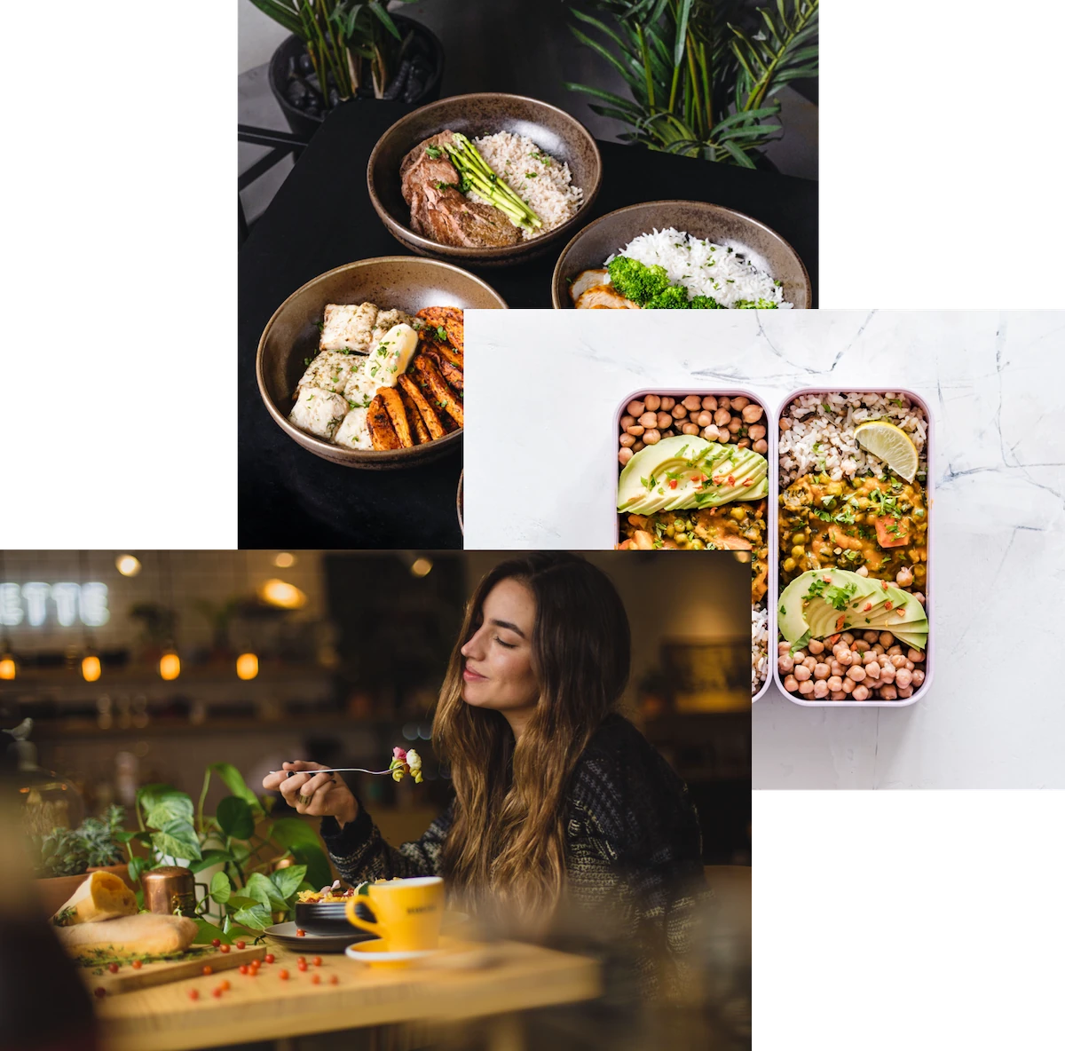 Women enjoying food, meals in storage container and food bowls on the table 